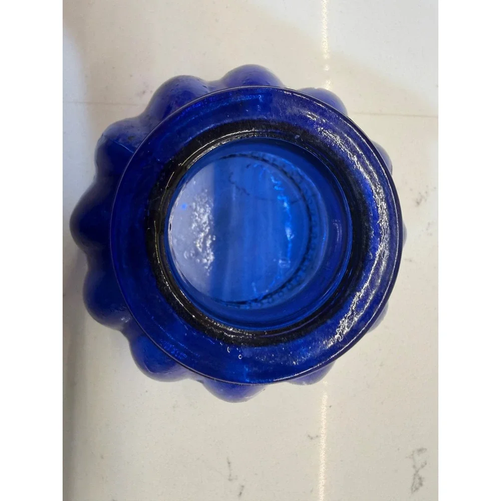 Vintage Cobalt Blue Glass Ribbed Pumpkin Bud Vase Round Squat 3x4in